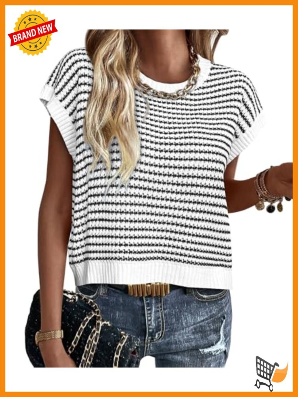 Striped Cotton Knit Sweater Vest Short Cap Sleeve Crew Neck Pullover Top